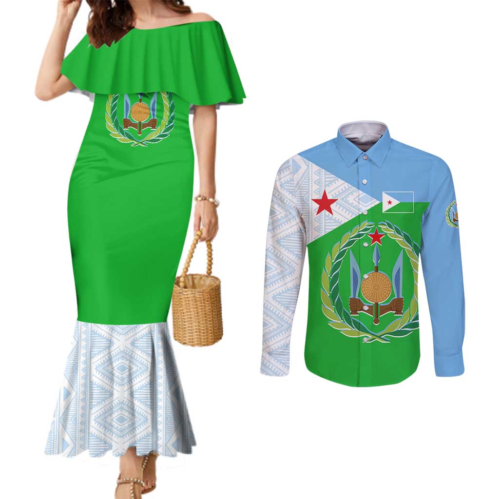 Djibouti Cultural Couples Matching Mermaid Dress and Long Sleeve Button Shirt National Emblem, Tribal Motifs and Red Star Symbol of Unity