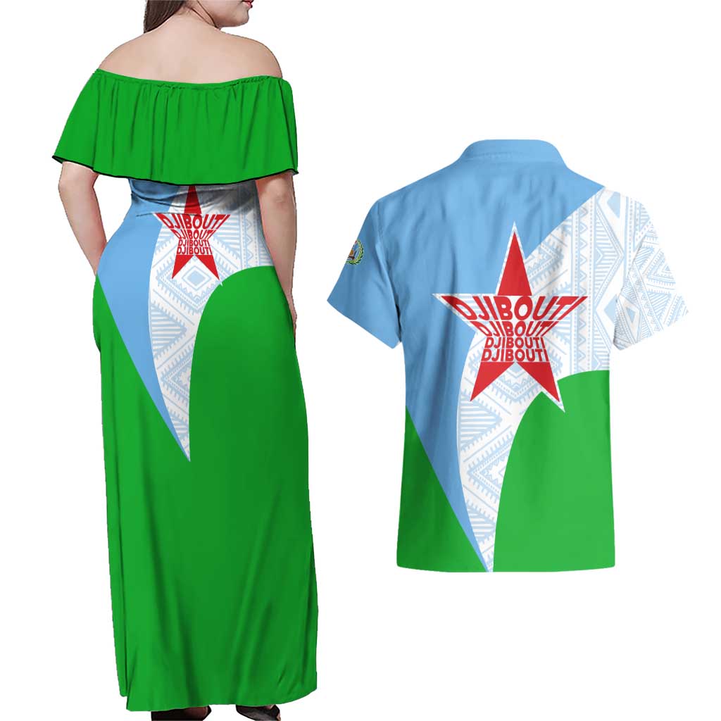 Djibouti Cultural Couples Matching Off Shoulder Maxi Dress and Hawaiian Shirt National Emblem, Tribal Motifs and Red Star Symbol of Unity