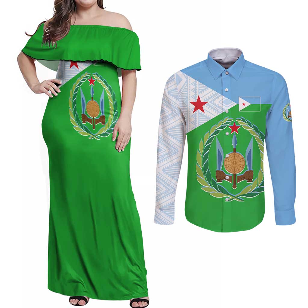 Djibouti Cultural Couples Matching Off Shoulder Maxi Dress and Long Sleeve Button Shirt National Emblem, Tribal Motifs and Red Star Symbol of Unity