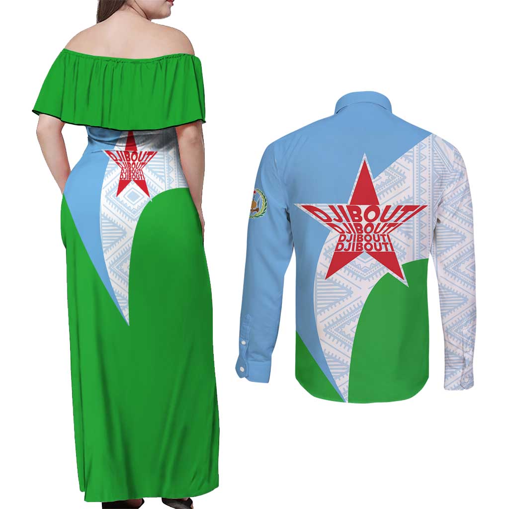 Djibouti Cultural Couples Matching Off Shoulder Maxi Dress and Long Sleeve Button Shirt National Emblem, Tribal Motifs and Red Star Symbol of Unity