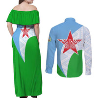 Djibouti Cultural Couples Matching Off Shoulder Maxi Dress and Long Sleeve Button Shirt National Emblem, Tribal Motifs and Red Star Symbol of Unity