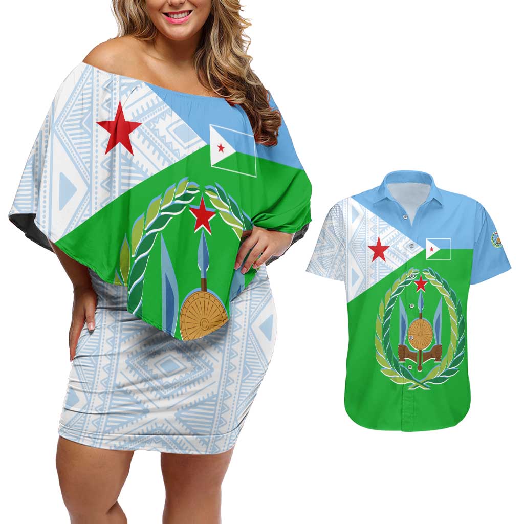 Djibouti Cultural Couples Matching Off Shoulder Short Dress and Hawaiian Shirt National Emblem, Tribal Motifs and Red Star Symbol of Unity