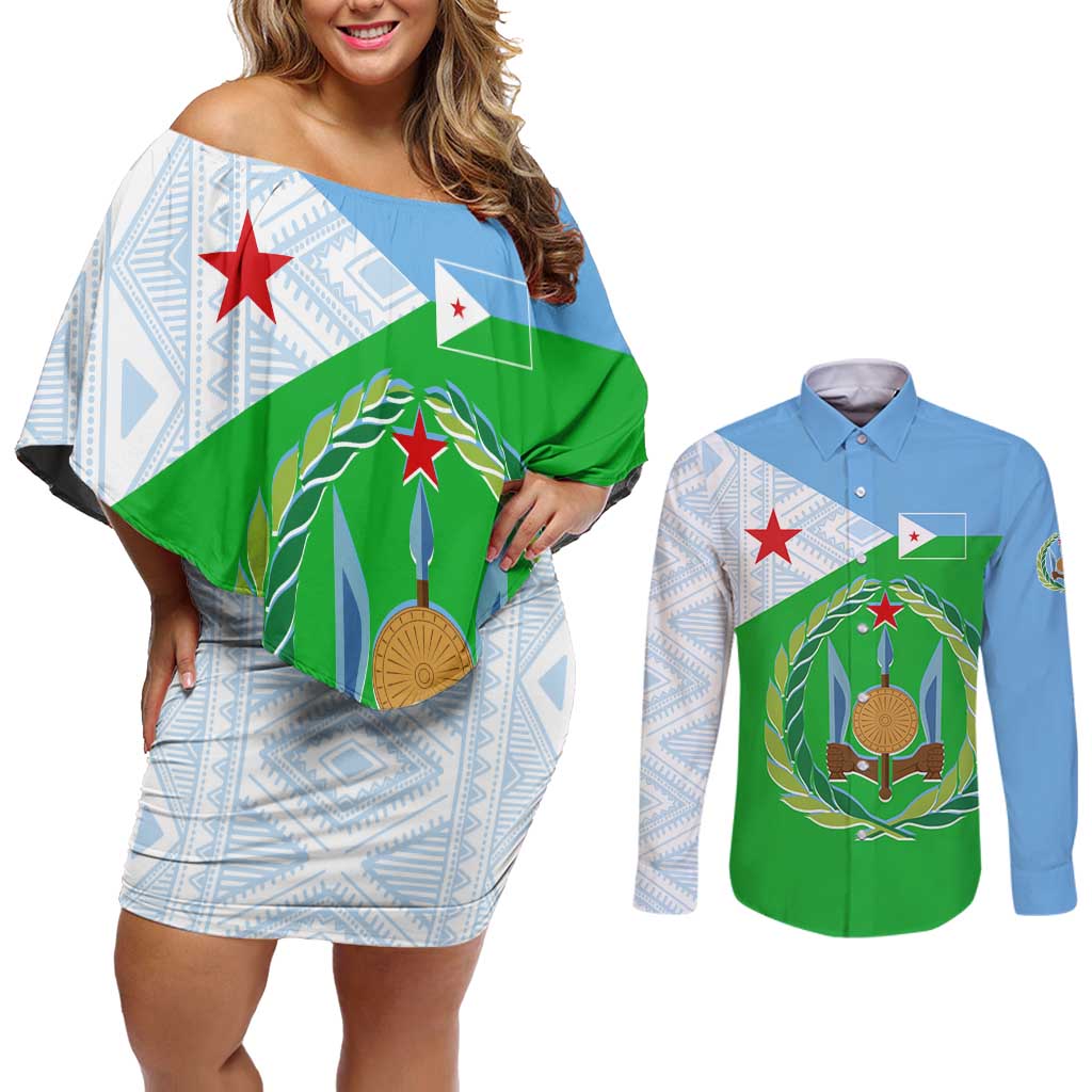 Djibouti Cultural Couples Matching Off Shoulder Short Dress and Long Sleeve Button Shirt National Emblem, Tribal Motifs and Red Star Symbol of Unity