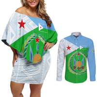 Djibouti Cultural Couples Matching Off Shoulder Short Dress and Long Sleeve Button Shirt National Emblem, Tribal Motifs and Red Star Symbol of Unity