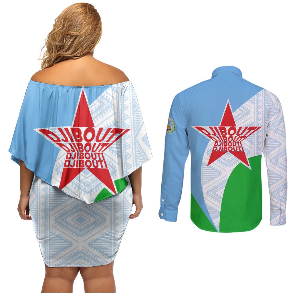 Djibouti Cultural Couples Matching Off Shoulder Short Dress and Long Sleeve Button Shirt National Emblem, Tribal Motifs and Red Star Symbol of Unity