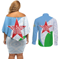 Djibouti Cultural Couples Matching Off Shoulder Short Dress and Long Sleeve Button Shirt National Emblem, Tribal Motifs and Red Star Symbol of Unity