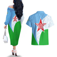 Djibouti Cultural Couples Matching Off The Shoulder Long Sleeve Dress and Hawaiian Shirt National Emblem, Tribal Motifs and Red Star Symbol of Unity