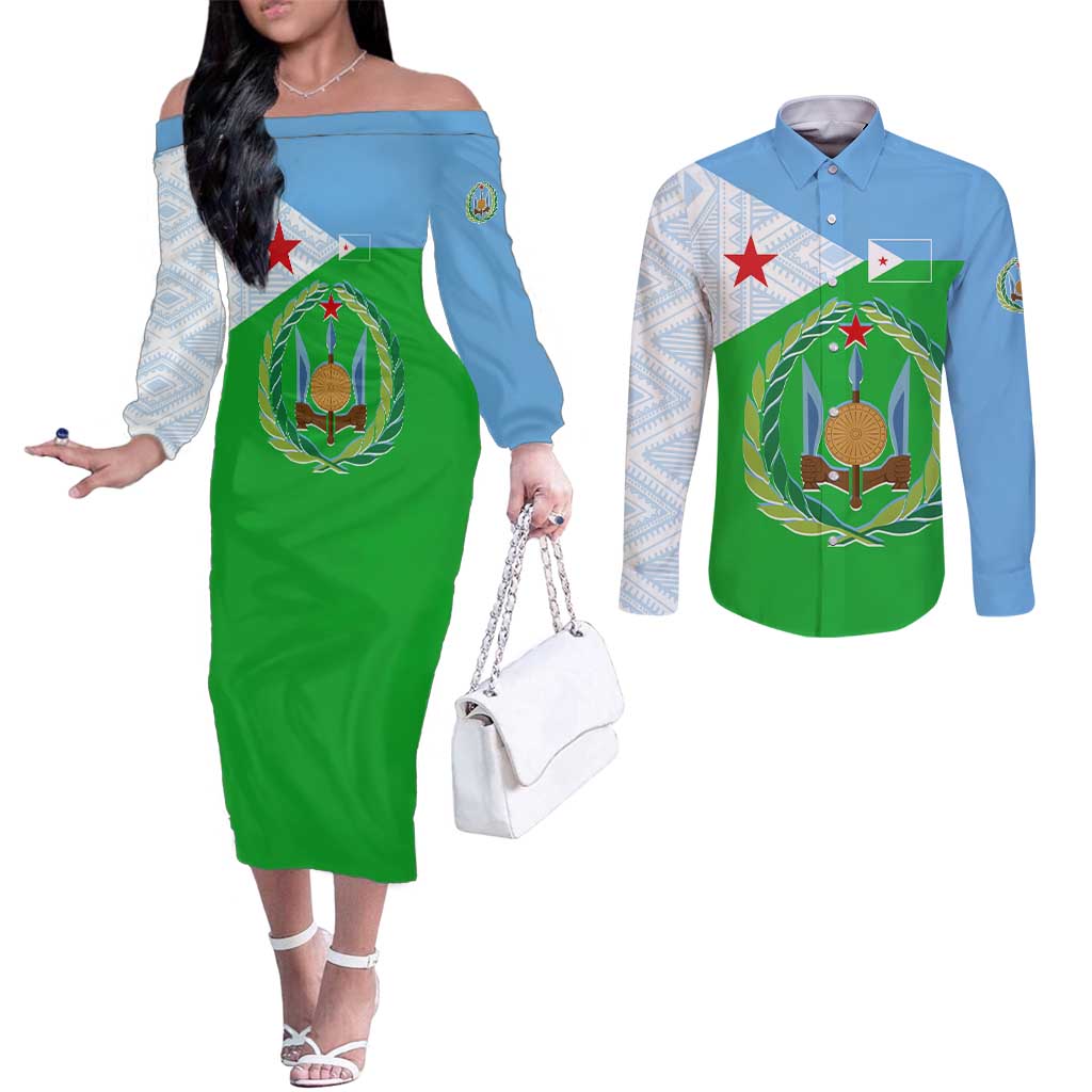 Djibouti Cultural Couples Matching Off The Shoulder Long Sleeve Dress and Long Sleeve Button Shirt National Emblem, Tribal Motifs and Red Star Symbol of Unity