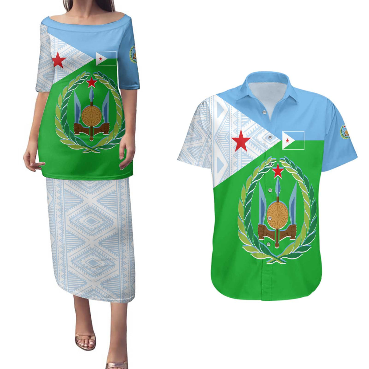 Djibouti Cultural Couples Matching Puletasi and Hawaiian Shirt National Emblem, Tribal Motifs and Red Star Symbol of Unity