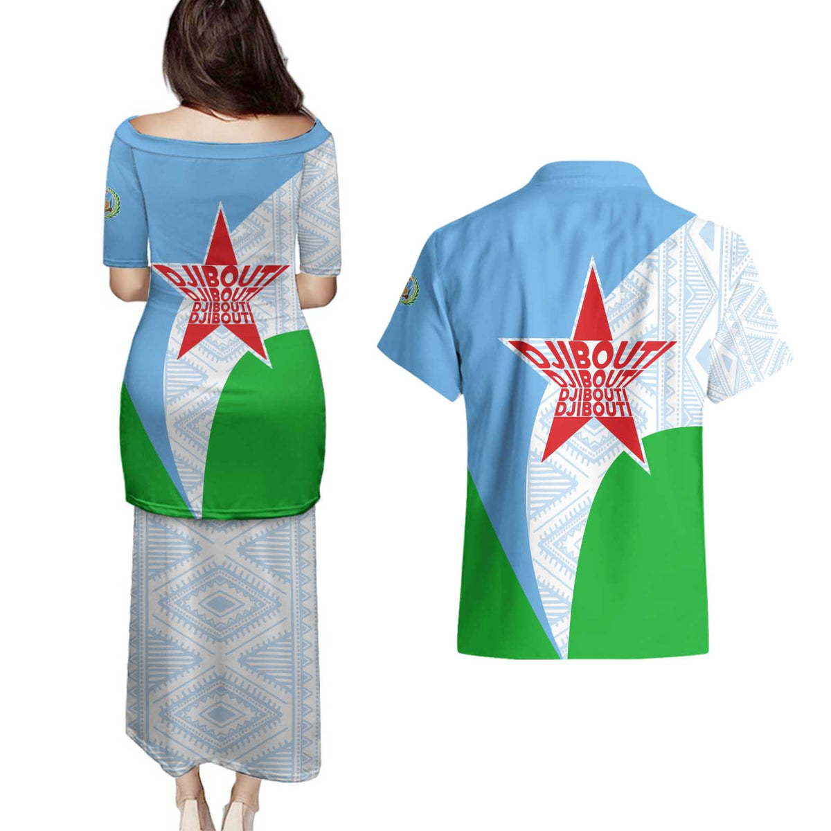 Djibouti Cultural Couples Matching Puletasi and Hawaiian Shirt National Emblem, Tribal Motifs and Red Star Symbol of Unity