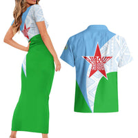Djibouti Cultural Couples Matching Short Sleeve Bodycon Dress and Hawaiian Shirt National Emblem, Tribal Motifs and Red Star Symbol of Unity