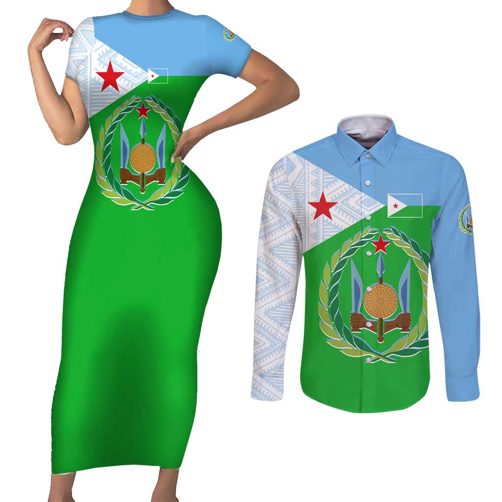 Djibouti Cultural Couples Matching Short Sleeve Bodycon Dress and Long Sleeve Button Shirt National Emblem, Tribal Motifs and Red Star Symbol of Unity