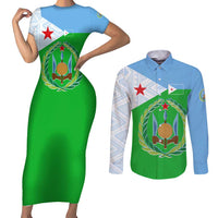 Djibouti Cultural Couples Matching Short Sleeve Bodycon Dress and Long Sleeve Button Shirt National Emblem, Tribal Motifs and Red Star Symbol of Unity
