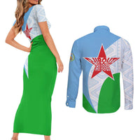 Djibouti Cultural Couples Matching Short Sleeve Bodycon Dress and Long Sleeve Button Shirt National Emblem, Tribal Motifs and Red Star Symbol of Unity