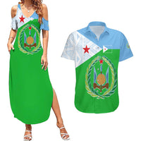Djibouti Cultural Couples Matching Summer Maxi Dress and Hawaiian Shirt National Emblem, Tribal Motifs and Red Star Symbol of Unity