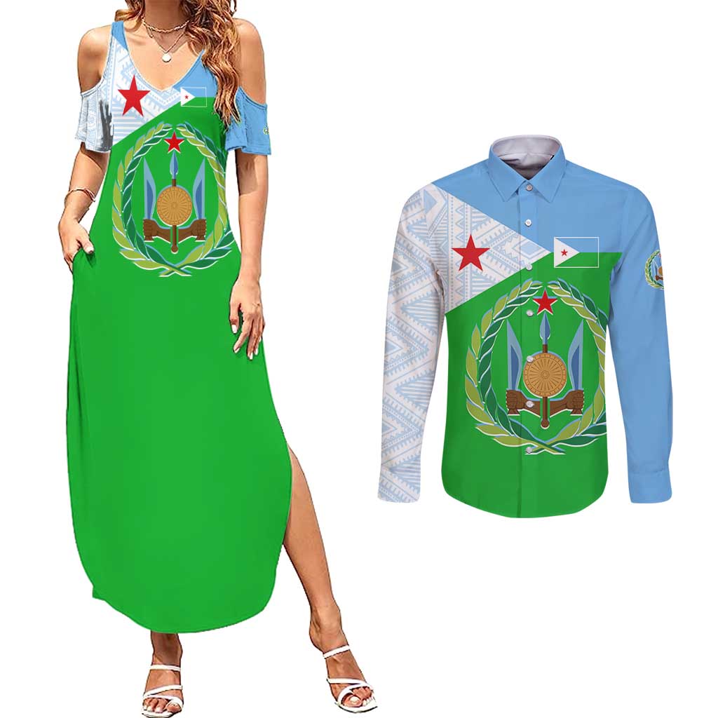 Djibouti Cultural Couples Matching Summer Maxi Dress and Long Sleeve Button Shirt National Emblem, Tribal Motifs and Red Star Symbol of Unity