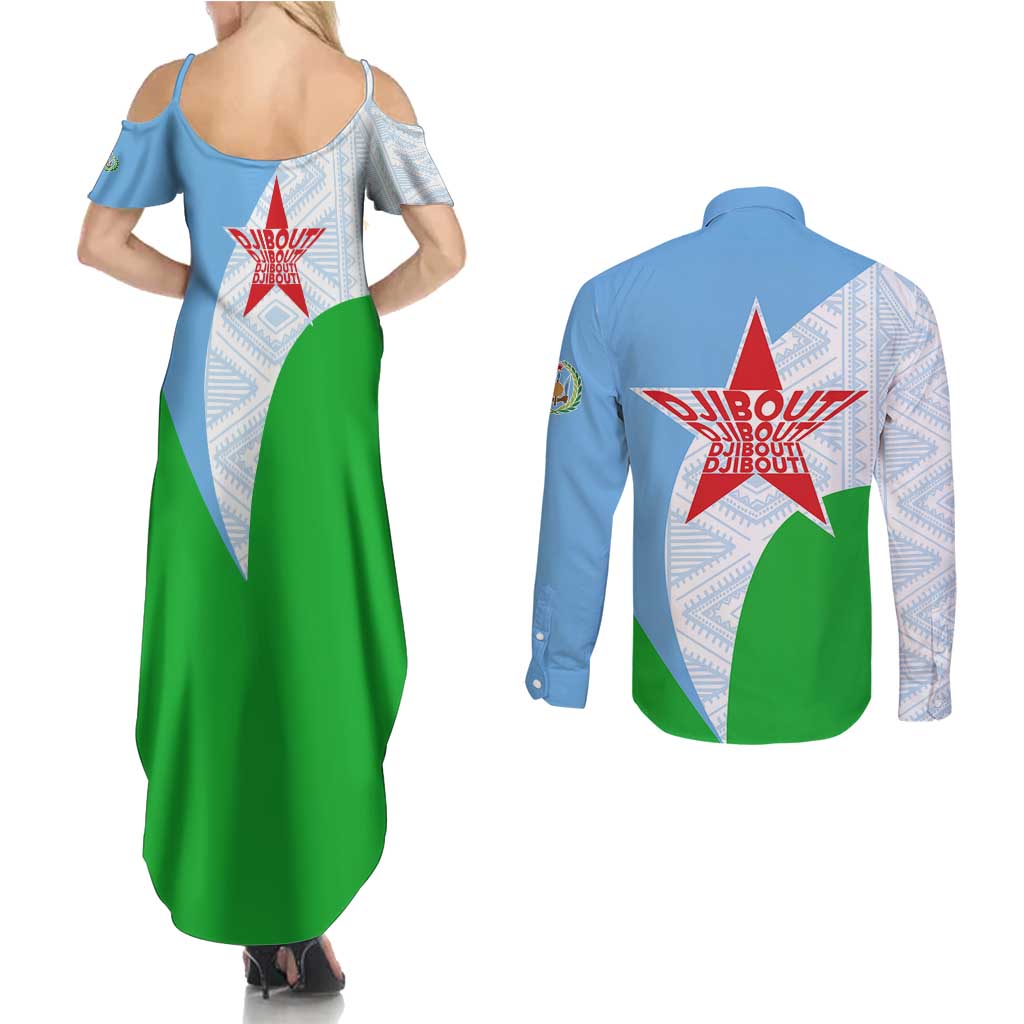 Djibouti Cultural Couples Matching Summer Maxi Dress and Long Sleeve Button Shirt National Emblem, Tribal Motifs and Red Star Symbol of Unity