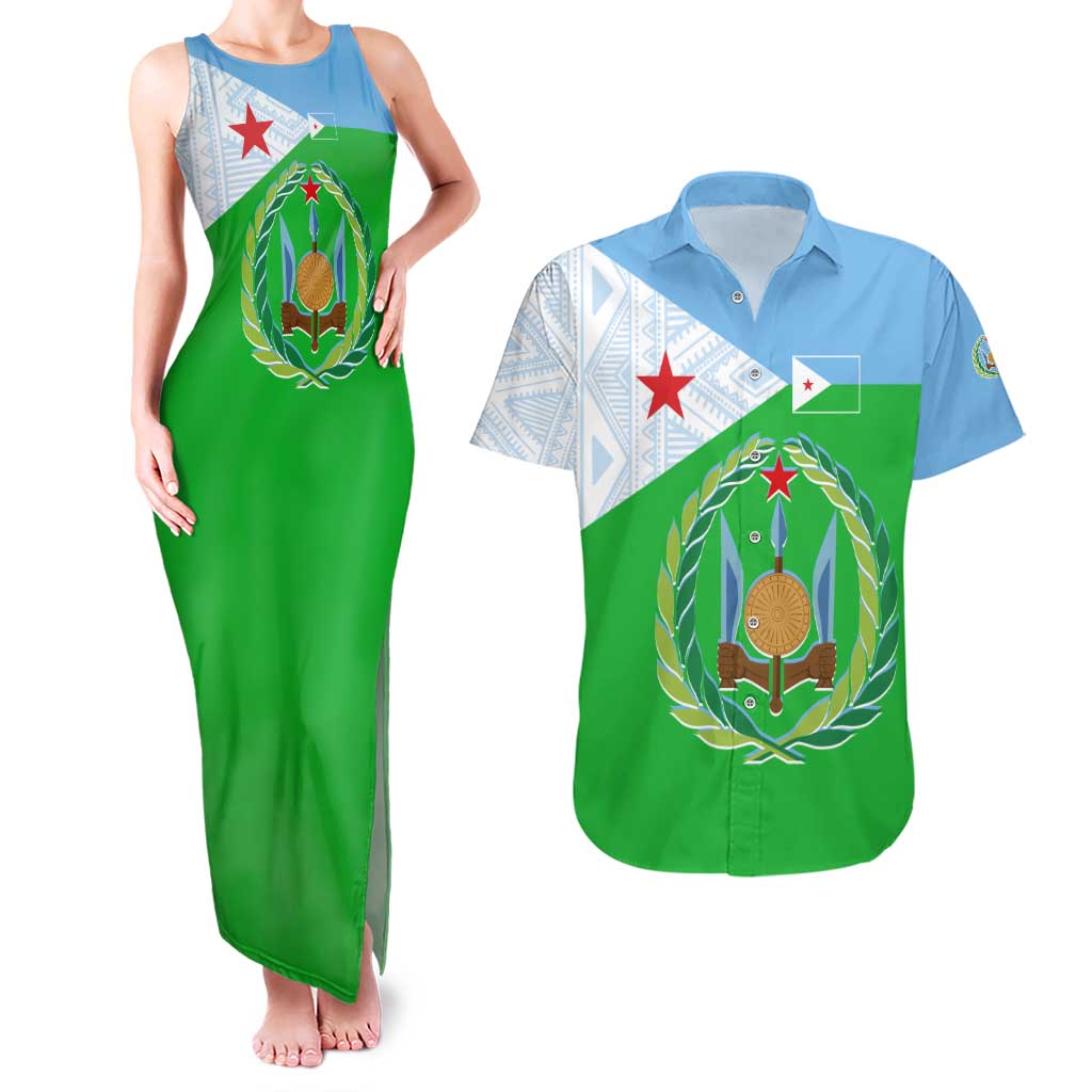 Djibouti Cultural Couples Matching Tank Maxi Dress and Hawaiian Shirt National Emblem, Tribal Motifs and Red Star Symbol of Unity