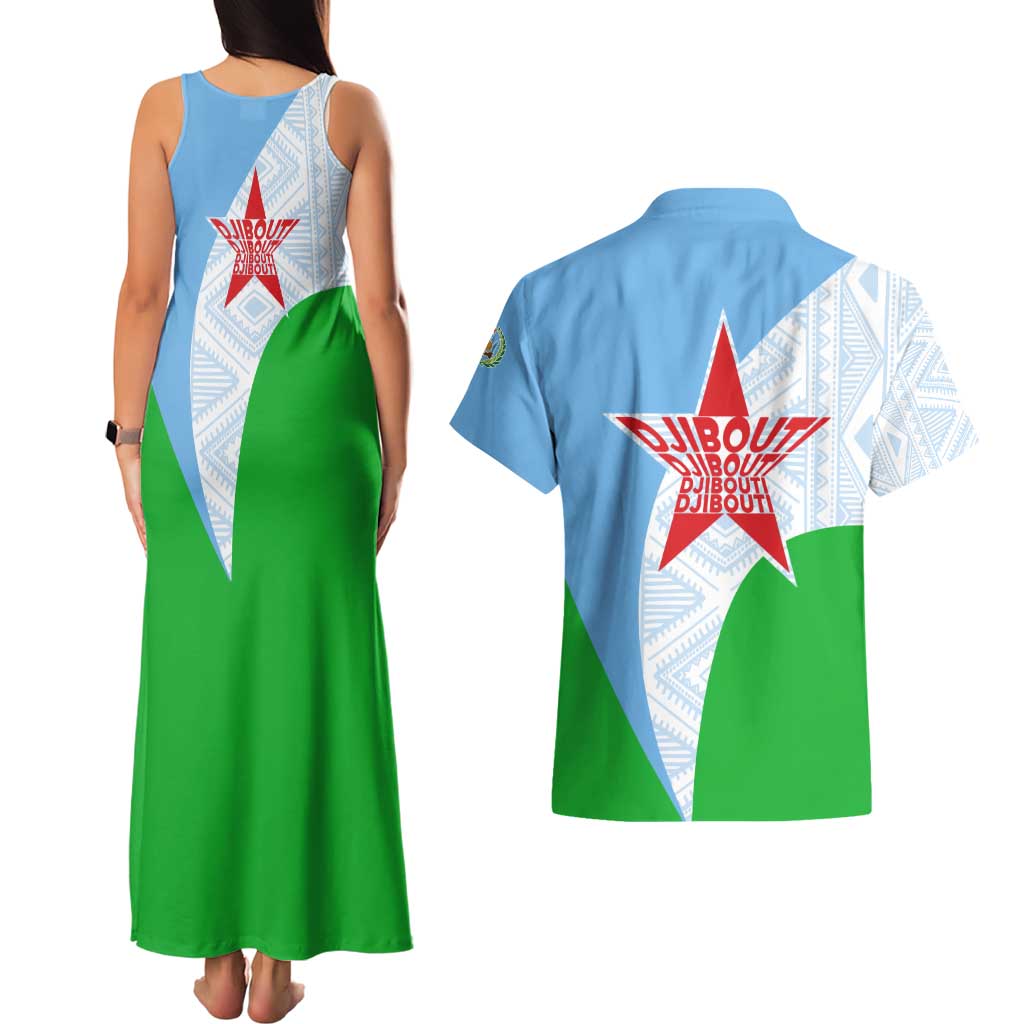 Djibouti Cultural Couples Matching Tank Maxi Dress and Hawaiian Shirt National Emblem, Tribal Motifs and Red Star Symbol of Unity