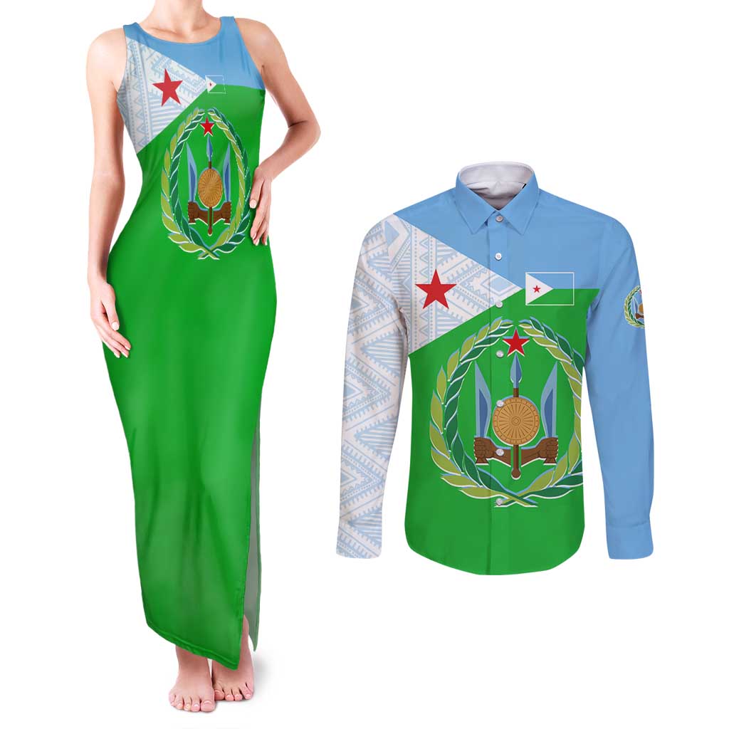 Djibouti Cultural Couples Matching Tank Maxi Dress and Long Sleeve Button Shirt National Emblem, Tribal Motifs and Red Star Symbol of Unity