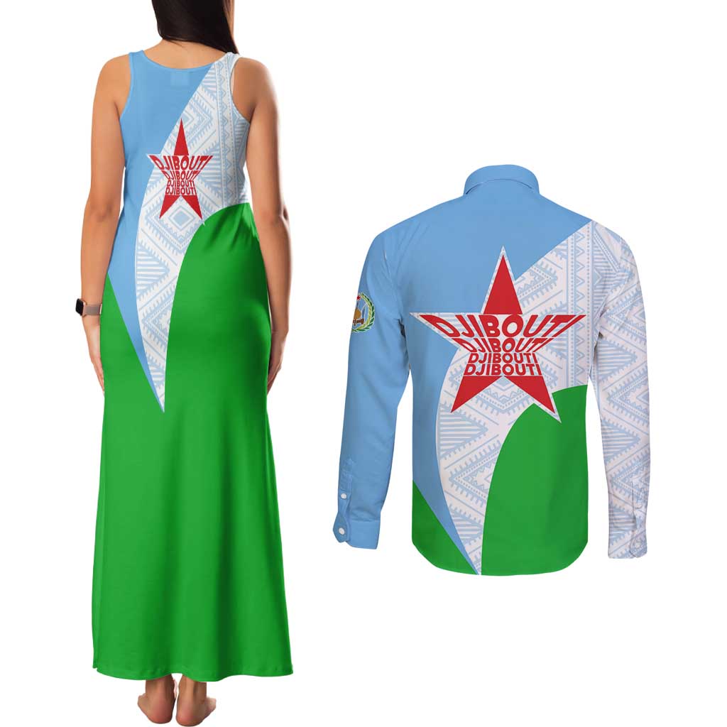 Djibouti Cultural Couples Matching Tank Maxi Dress and Long Sleeve Button Shirt National Emblem, Tribal Motifs and Red Star Symbol of Unity