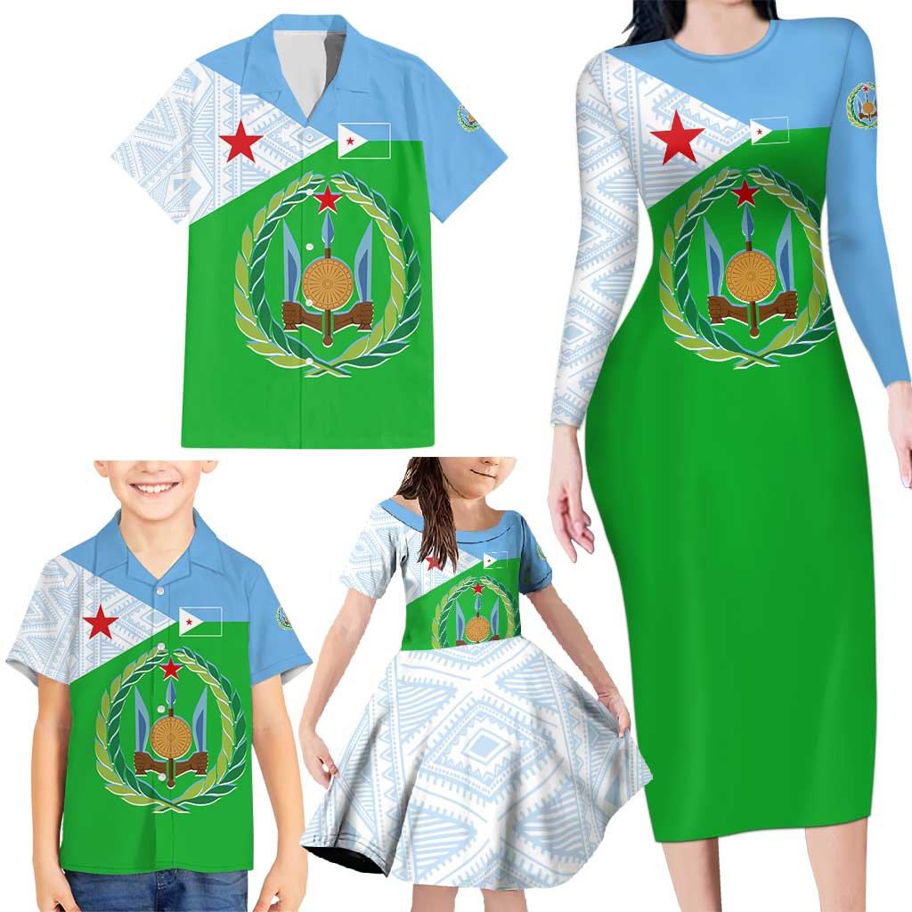 Djibouti Cultural Family Matching Long Sleeve Bodycon Dress and Hawaiian Shirt National Emblem, Tribal Motifs and Red Star Symbol of Unity