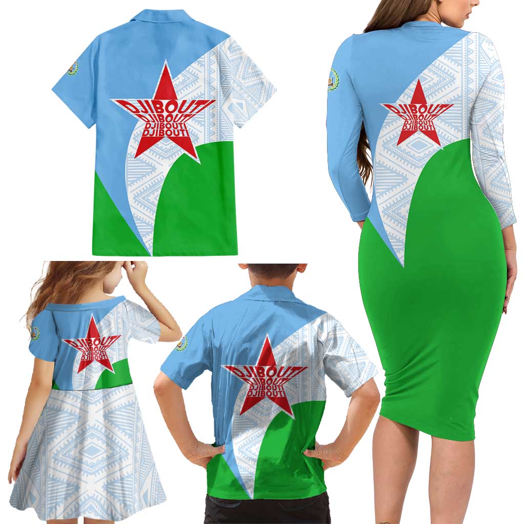 Djibouti Cultural Family Matching Long Sleeve Bodycon Dress and Hawaiian Shirt National Emblem, Tribal Motifs and Red Star Symbol of Unity