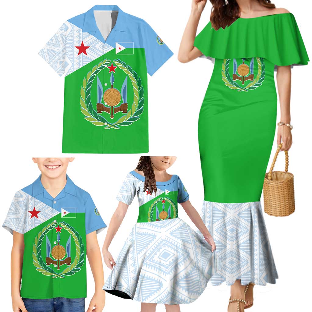Djibouti Cultural Family Matching Mermaid Dress and Hawaiian Shirt National Emblem, Tribal Motifs and Red Star Symbol of Unity