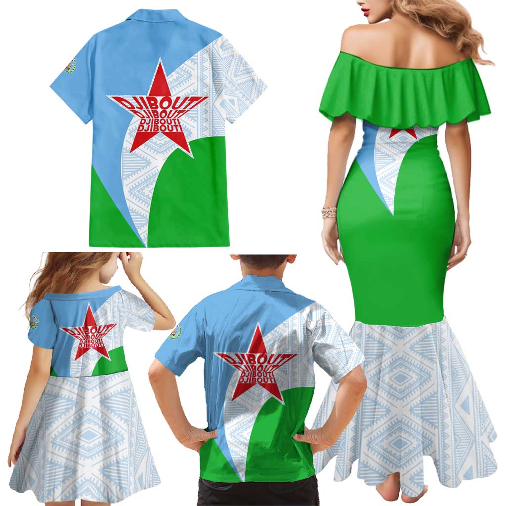 Djibouti Cultural Family Matching Mermaid Dress and Hawaiian Shirt National Emblem, Tribal Motifs and Red Star Symbol of Unity