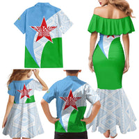 Djibouti Cultural Family Matching Mermaid Dress and Hawaiian Shirt National Emblem, Tribal Motifs and Red Star Symbol of Unity