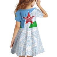 Djibouti Cultural Family Matching Off The Shoulder Long Sleeve Dress and Hawaiian Shirt National Emblem, Tribal Motifs and Red Star Symbol of Unity