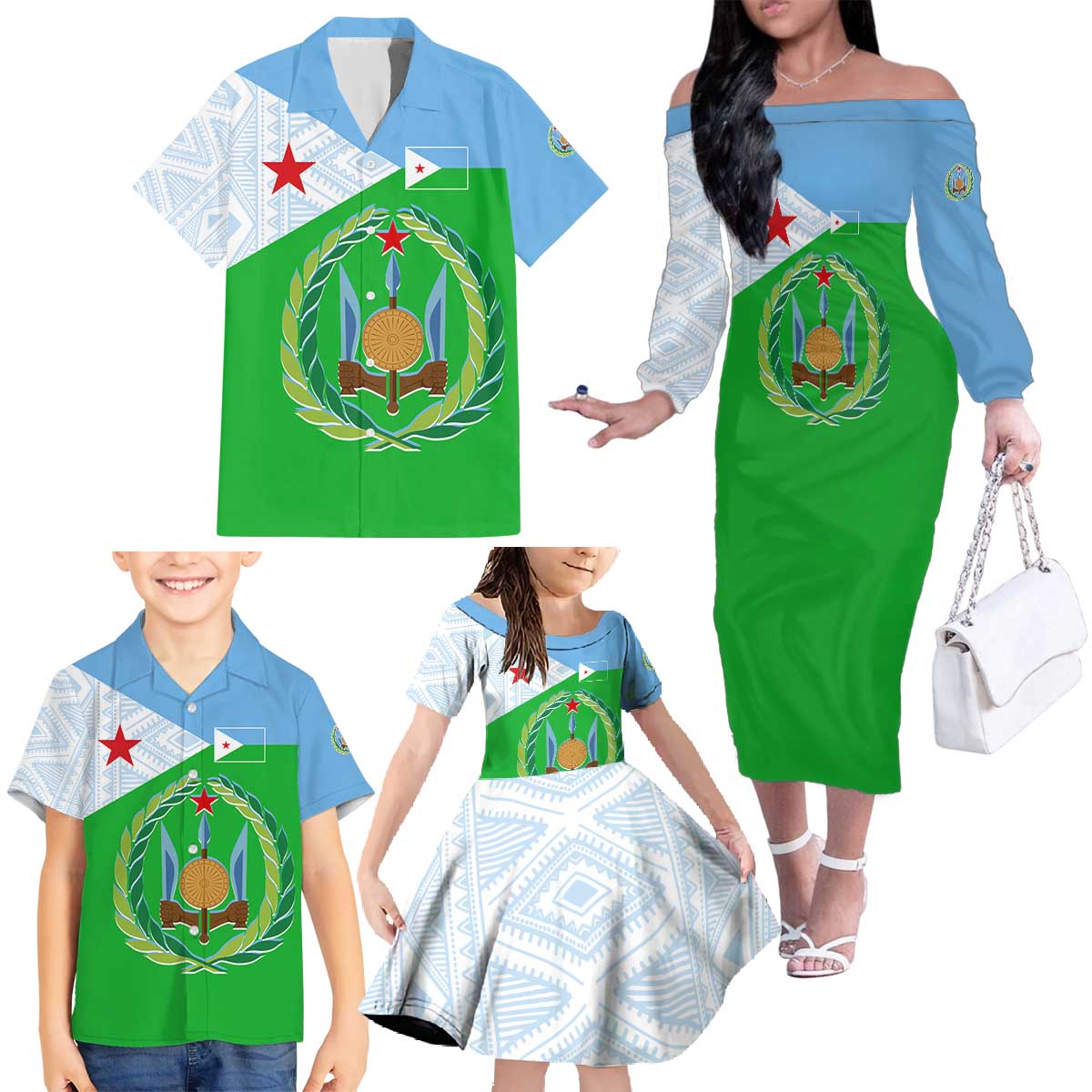 Djibouti Cultural Family Matching Off The Shoulder Long Sleeve Dress and Hawaiian Shirt National Emblem, Tribal Motifs and Red Star Symbol of Unity