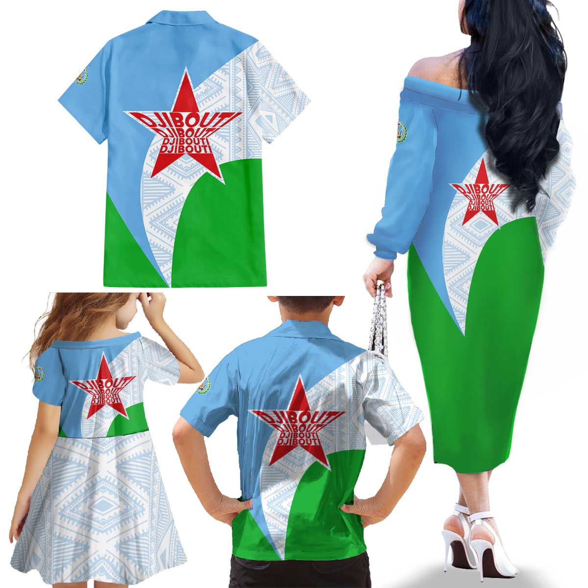 Djibouti Cultural Family Matching Off The Shoulder Long Sleeve Dress and Hawaiian Shirt National Emblem, Tribal Motifs and Red Star Symbol of Unity
