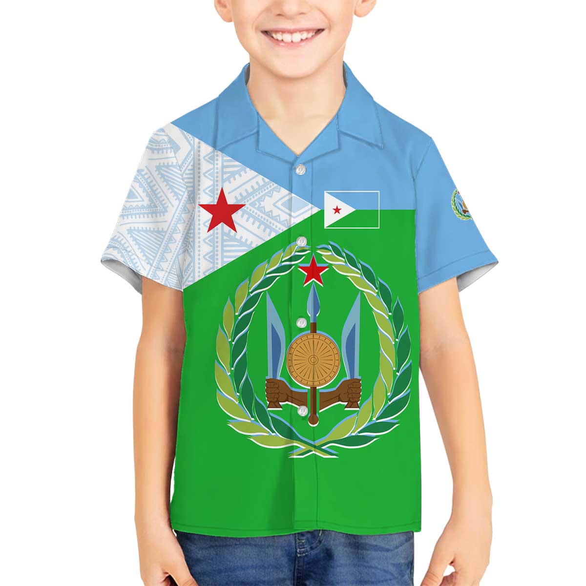 Djibouti Cultural Family Matching Off The Shoulder Long Sleeve Dress and Hawaiian Shirt National Emblem, Tribal Motifs and Red Star Symbol of Unity