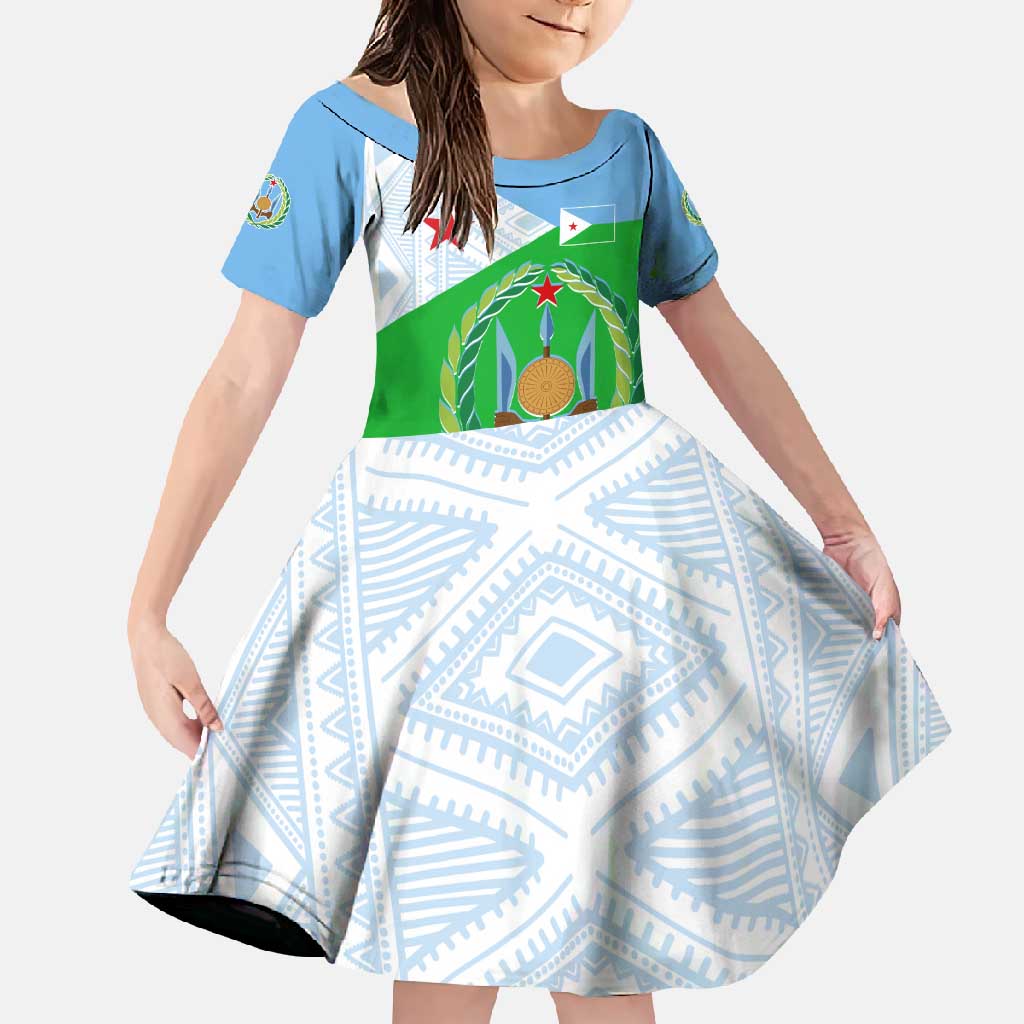 Djibouti Cultural Family Matching Off Shoulder Maxi Dress and Hawaiian Shirt National Emblem, Tribal Motifs and Red Star Symbol of Unity