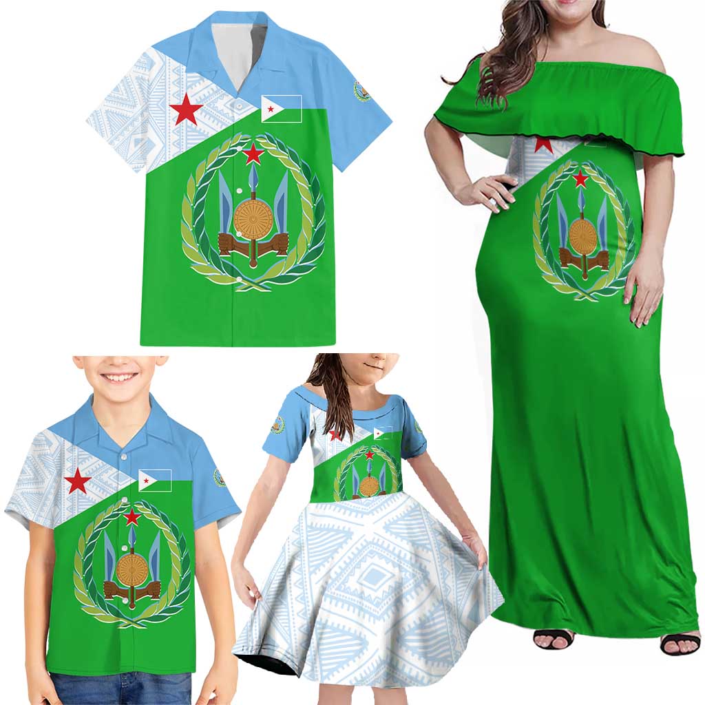 Djibouti Cultural Family Matching Off Shoulder Maxi Dress and Hawaiian Shirt National Emblem, Tribal Motifs and Red Star Symbol of Unity