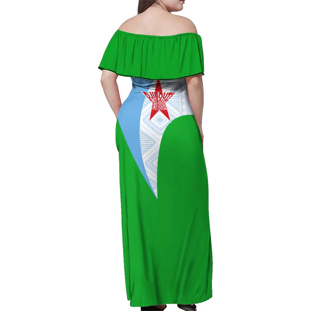 Djibouti Cultural Family Matching Off Shoulder Maxi Dress and Hawaiian Shirt National Emblem, Tribal Motifs and Red Star Symbol of Unity