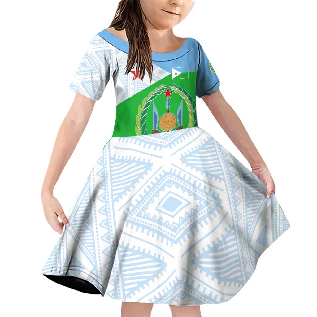 Djibouti Cultural Family Matching Off Shoulder Short Dress and Hawaiian Shirt National Emblem, Tribal Motifs and Red Star Symbol of Unity