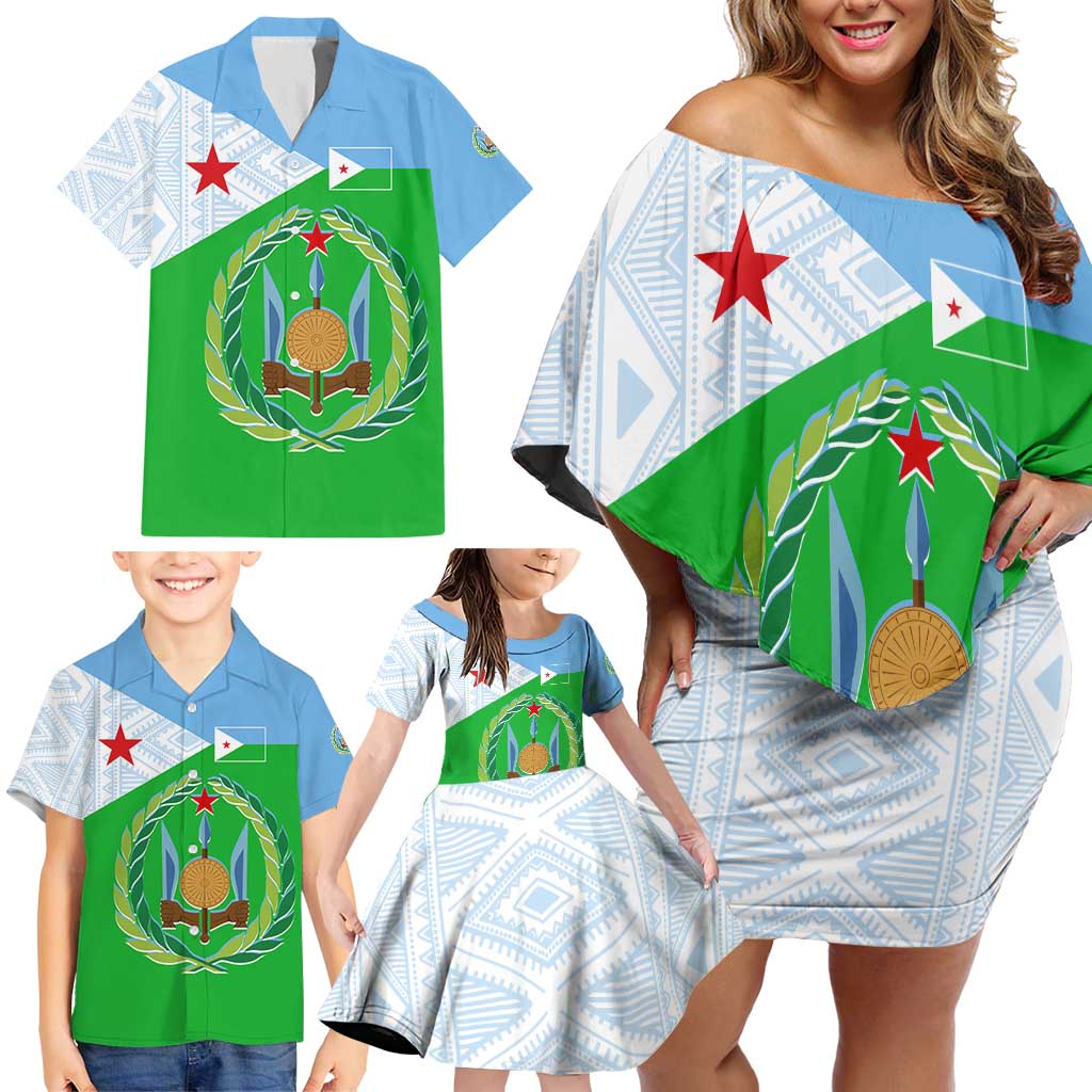 Djibouti Cultural Family Matching Off Shoulder Short Dress and Hawaiian Shirt National Emblem, Tribal Motifs and Red Star Symbol of Unity