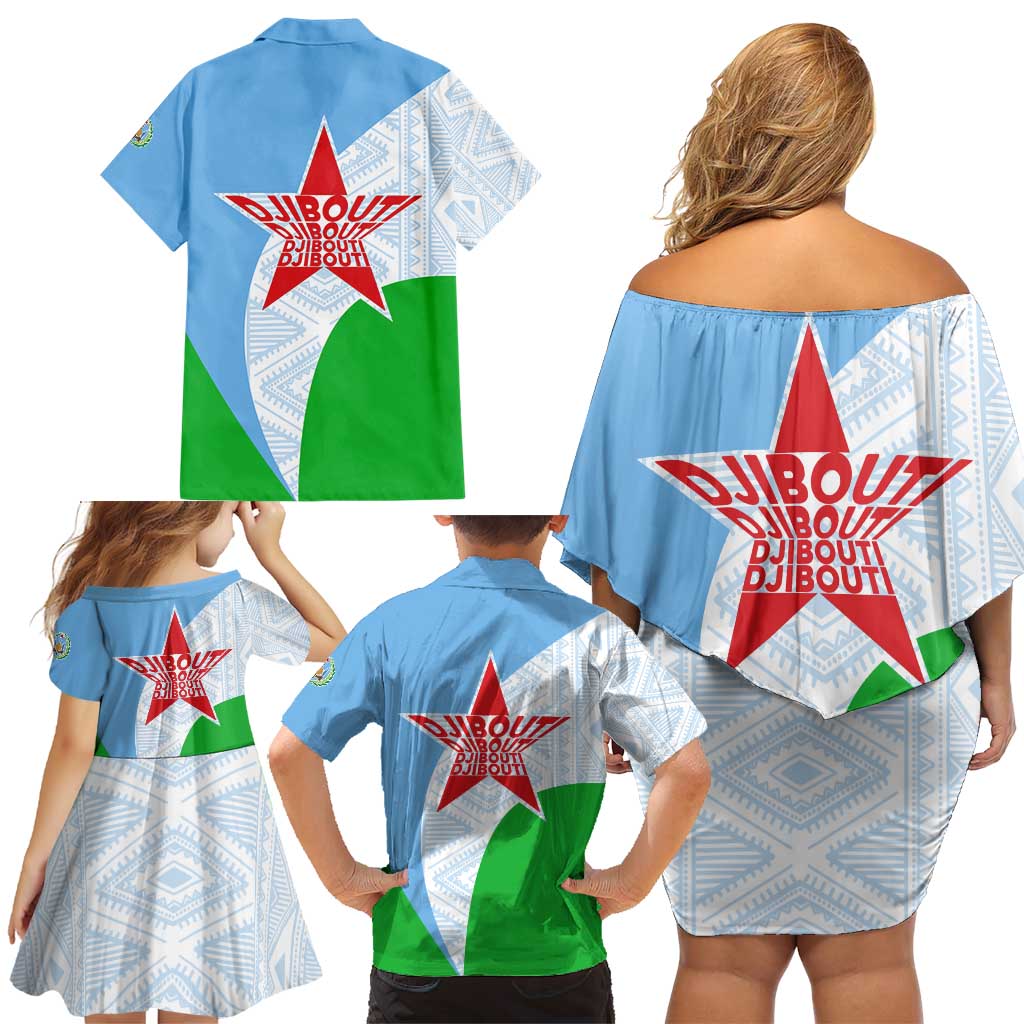 Djibouti Cultural Family Matching Off Shoulder Short Dress and Hawaiian Shirt National Emblem, Tribal Motifs and Red Star Symbol of Unity