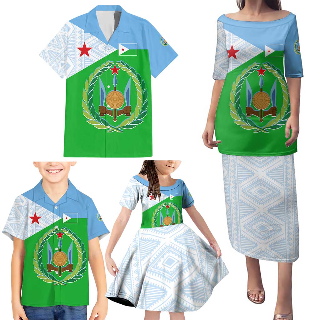 Djibouti Cultural Family Matching Puletasi and Hawaiian Shirt National Emblem, Tribal Motifs and Red Star Symbol of Unity
