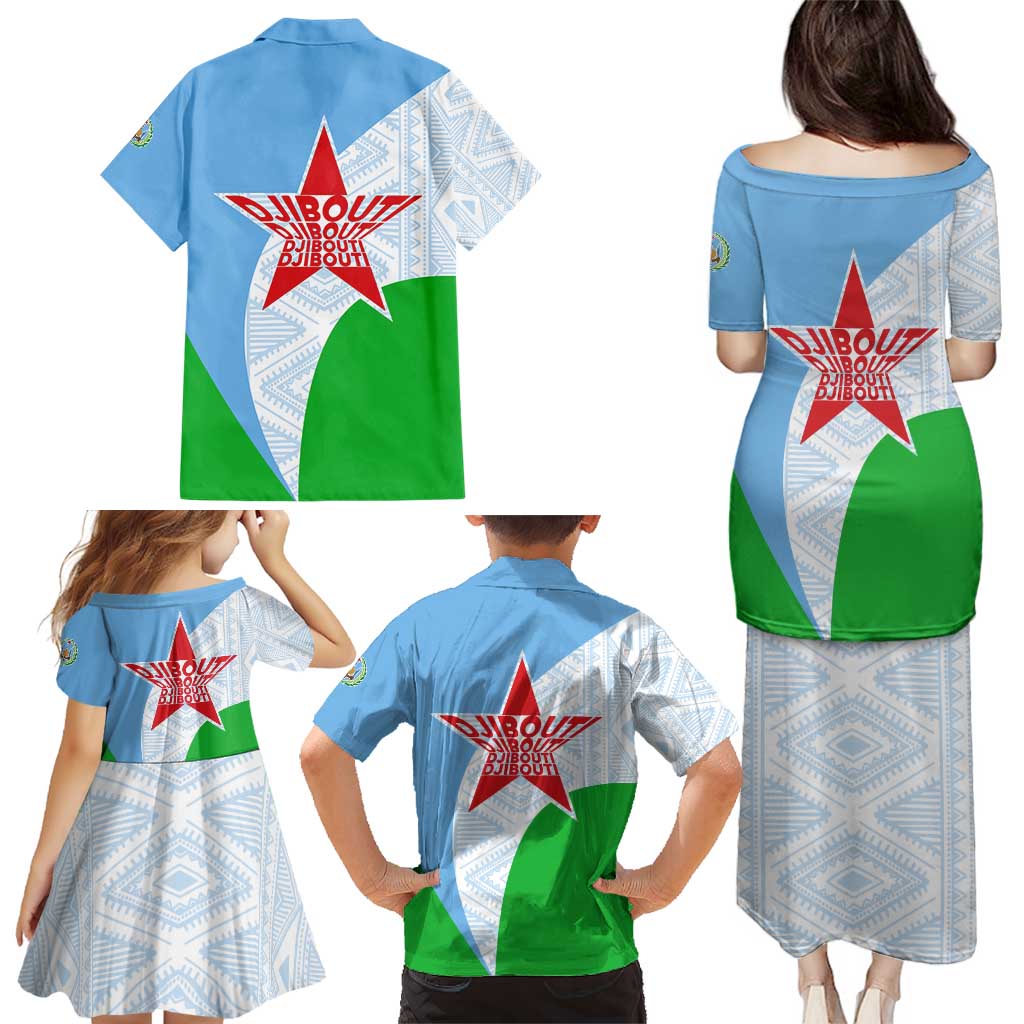 Djibouti Cultural Family Matching Puletasi and Hawaiian Shirt National Emblem, Tribal Motifs and Red Star Symbol of Unity