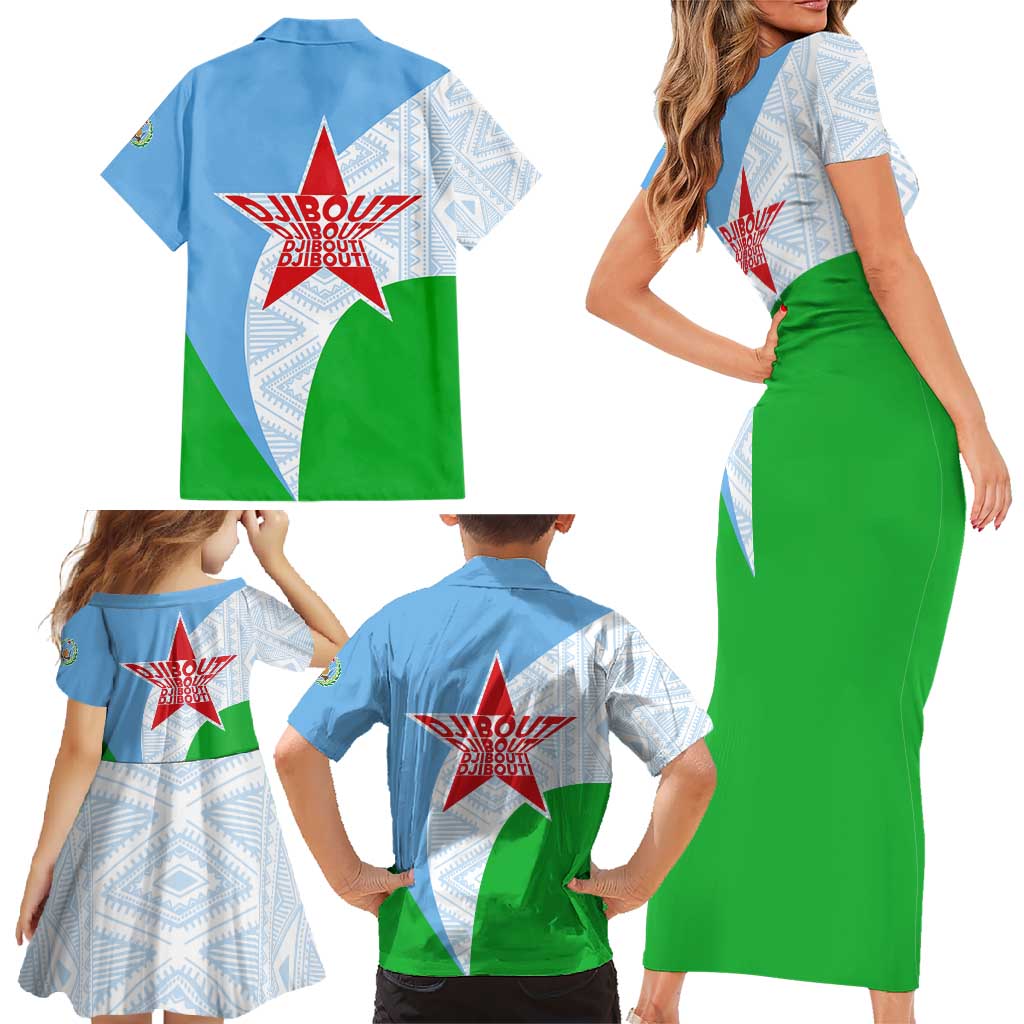 Djibouti Cultural Family Matching Short Sleeve Bodycon Dress and Hawaiian Shirt National Emblem, Tribal Motifs and Red Star Symbol of Unity