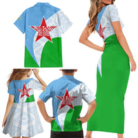 Djibouti Cultural Family Matching Short Sleeve Bodycon Dress and Hawaiian Shirt National Emblem, Tribal Motifs and Red Star Symbol of Unity