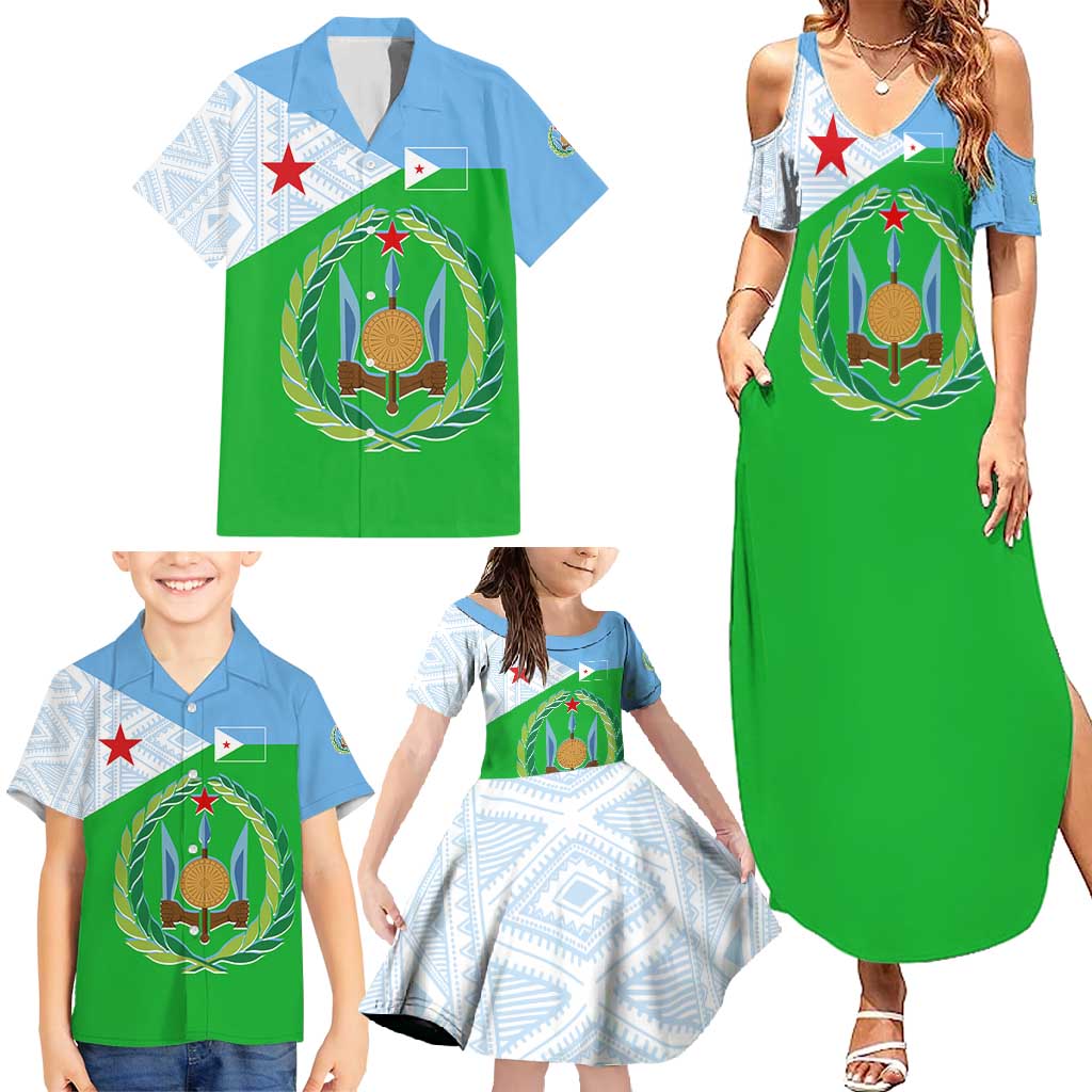 Djibouti Cultural Family Matching Summer Maxi Dress and Hawaiian Shirt National Emblem, Tribal Motifs and Red Star Symbol of Unity
