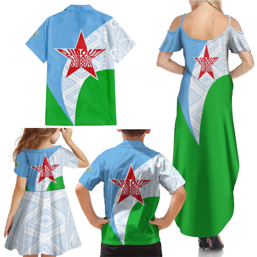 Djibouti Cultural Family Matching Summer Maxi Dress and Hawaiian Shirt National Emblem, Tribal Motifs and Red Star Symbol of Unity