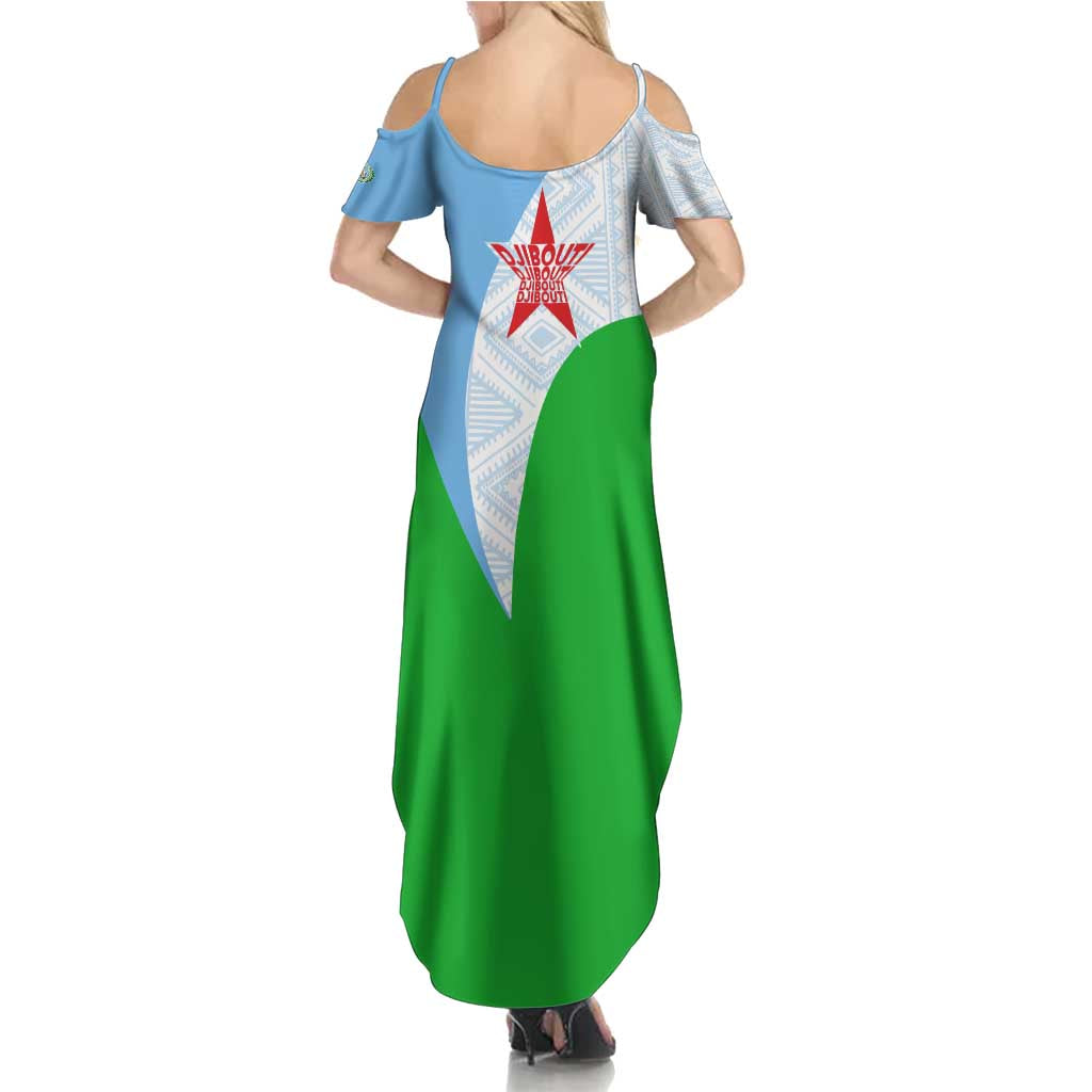 Djibouti Cultural Family Matching Summer Maxi Dress and Hawaiian Shirt National Emblem, Tribal Motifs and Red Star Symbol of Unity