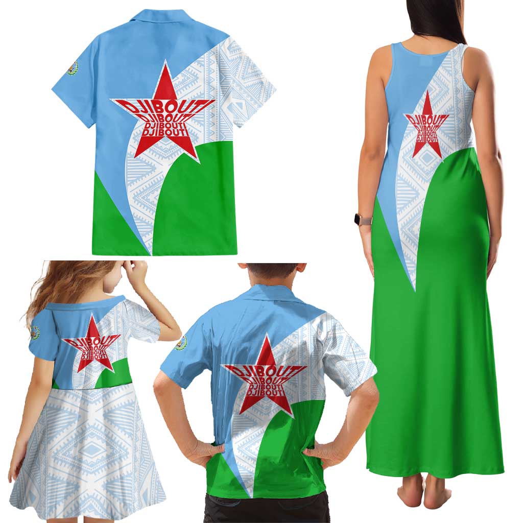 Djibouti Cultural Family Matching Tank Maxi Dress and Hawaiian Shirt National Emblem, Tribal Motifs and Red Star Symbol of Unity