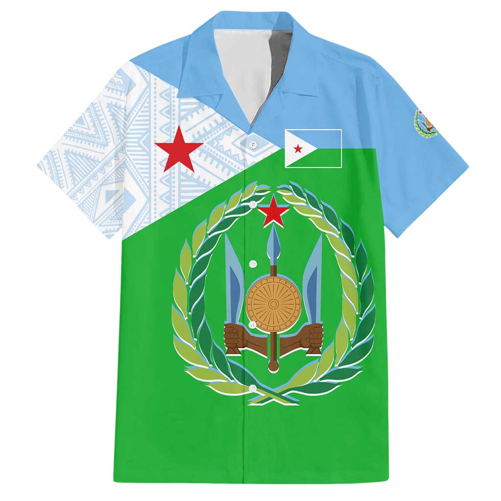 Djibouti Cultural Hawaiian Shirt National Emblem, Tribal Motifs and Red Star Symbol of Unity