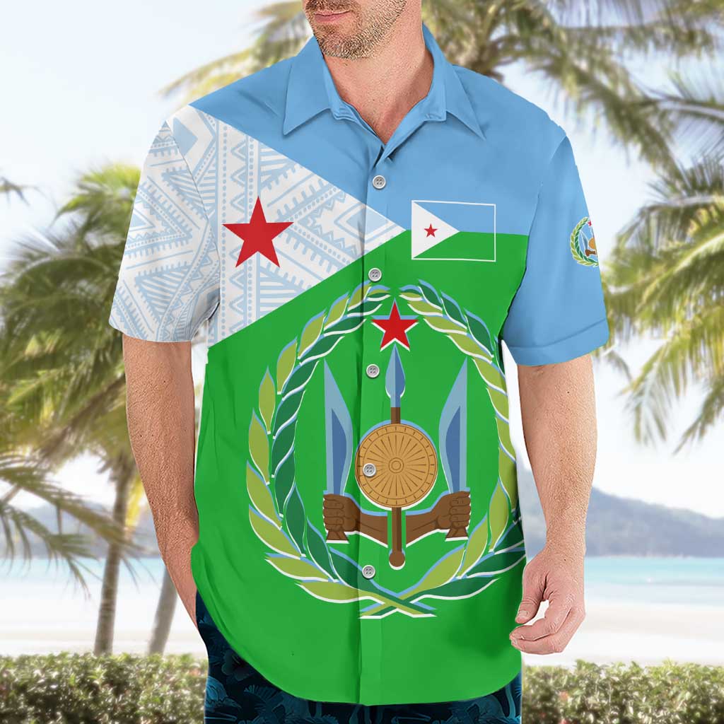 Djibouti Cultural Hawaiian Shirt National Emblem, Tribal Motifs and Red Star Symbol of Unity